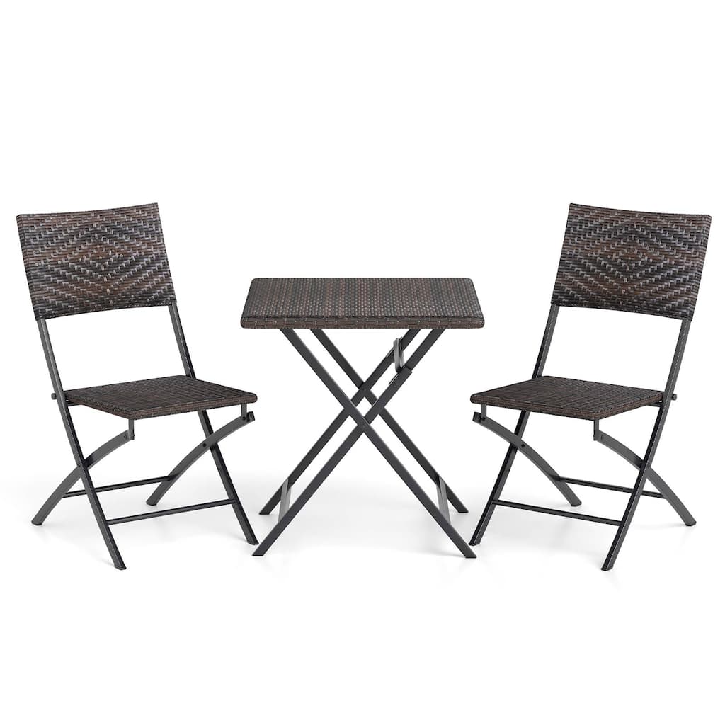 3-Piece Folding Rattan Bistro Set with 2 Chairs and Table for Balcony Garden or Backyard - Table: 24" x 24" x 27.5"