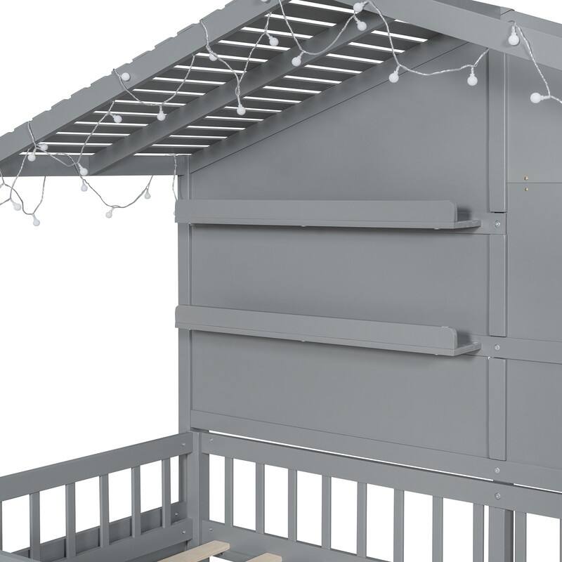 Twin Size House Bed with Shelves, House Bed with Window and Sparkling Light Strip on the Roof