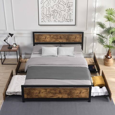 Queen Size Wood and Metal Platform Bed with 4 Storage Drawers