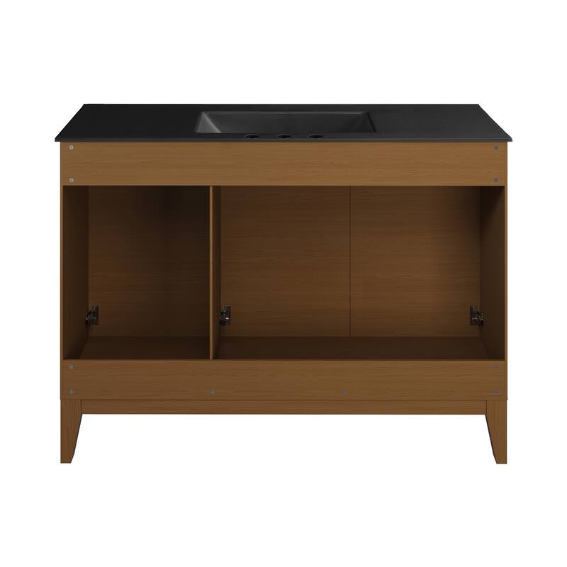 Cascade 48 In. Brown Oak Bathroom Vanity With Black, 3-Hole Ceramic Sink Top