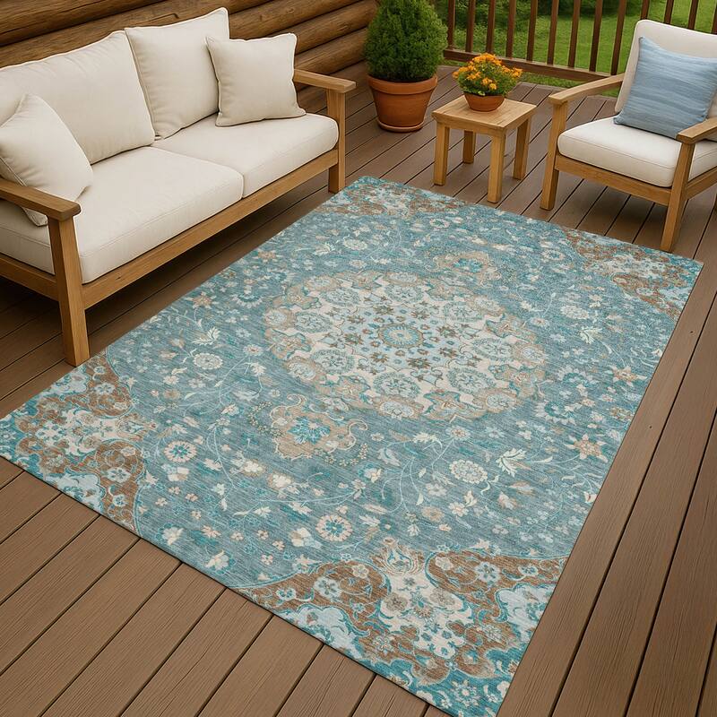 Machine Washable Indoor/ Outdoor Global Eckley Chantille Rug - Teal - 8' x 10'