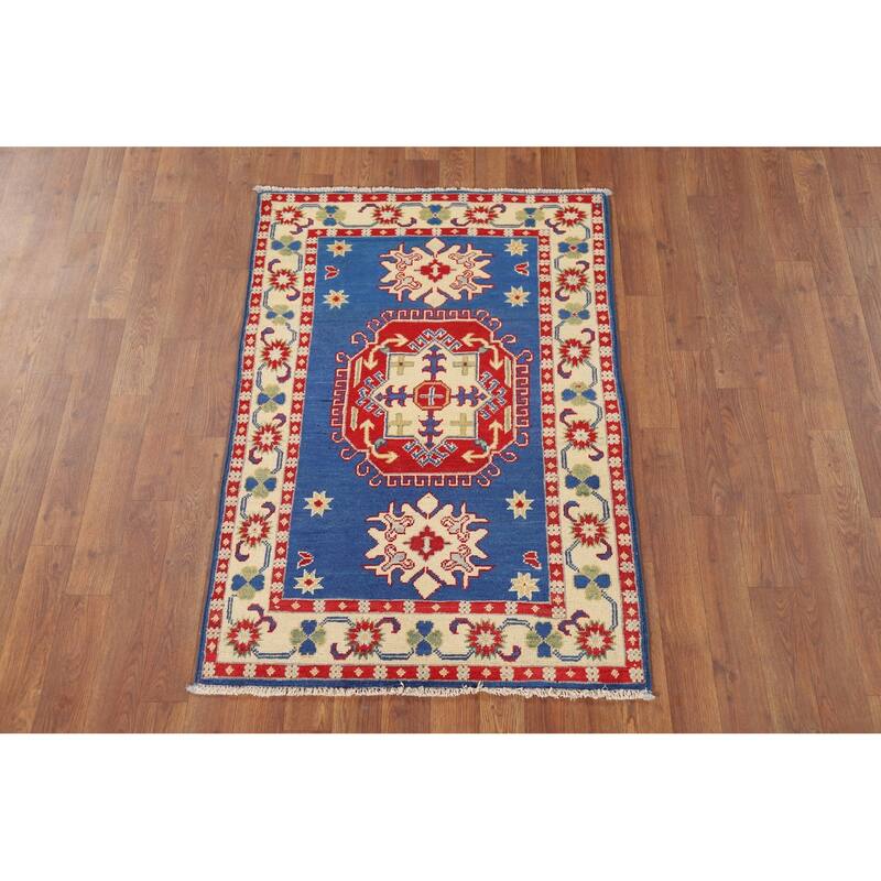 Blue Kazak Oriental Foyer Rug Hand-Knotted Wool Carpet - 2'8" x 4'0"