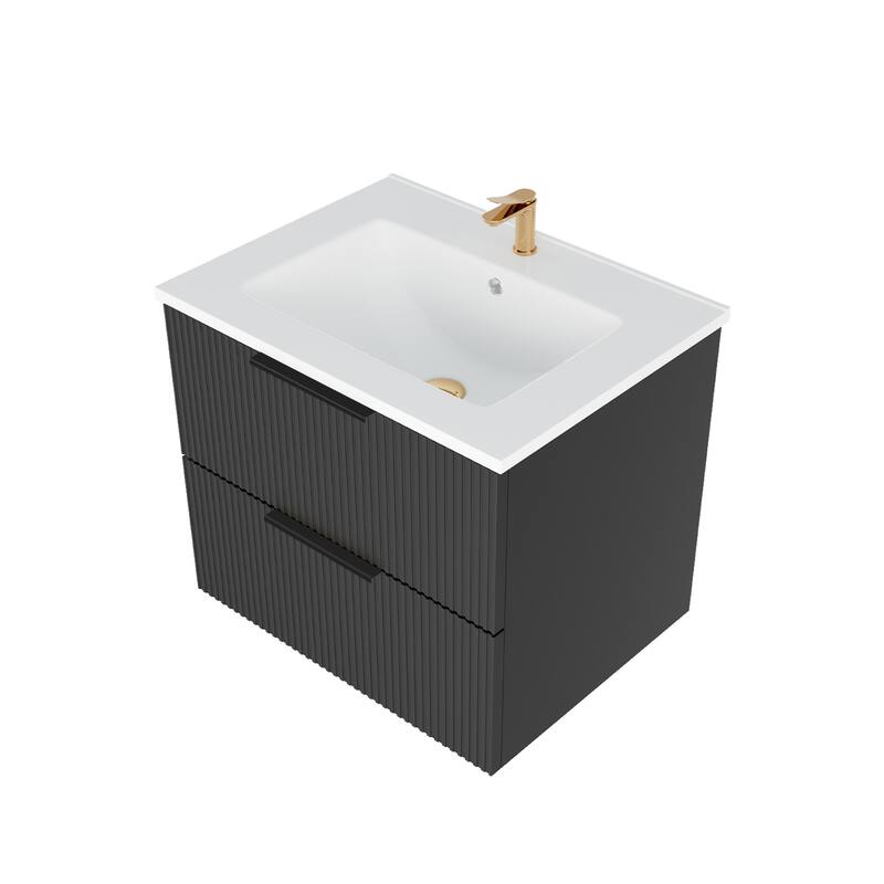 Modern Fluted Wall-Mounted Vanity with Ceramic Sink & Integrated Drawers