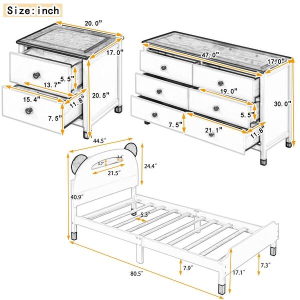 3-Pieces Bedroom Sets Twin Size Kids Platform Bed with Nightstand & Storage Dresser, Motion Activated Night Lights, Cream