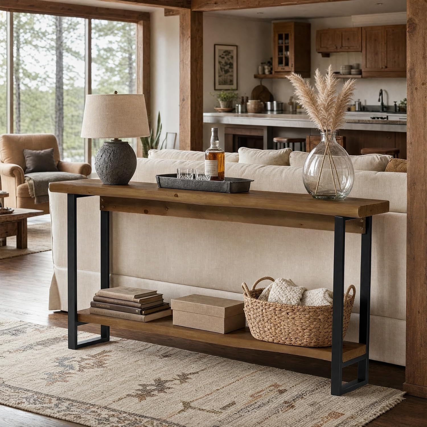 63-Inch Solid Wood Live-Edge Console Table with Unique Shape, Metal Legs, Farmhouse Narrow Long Sofa Table Behind Couch