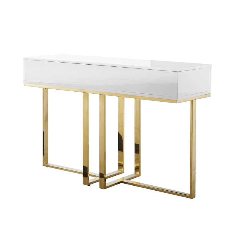HomeRoots 47" White Wood and Gold Stainless Steel Sled Console Table With Two Drawers - 47.2' X '29.7' X '15.4