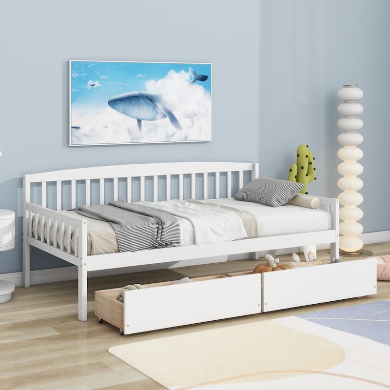 Pine Wood Daybed with two Storage Drawers, Sofa Bed with Bed Platform of 10 Support Slats