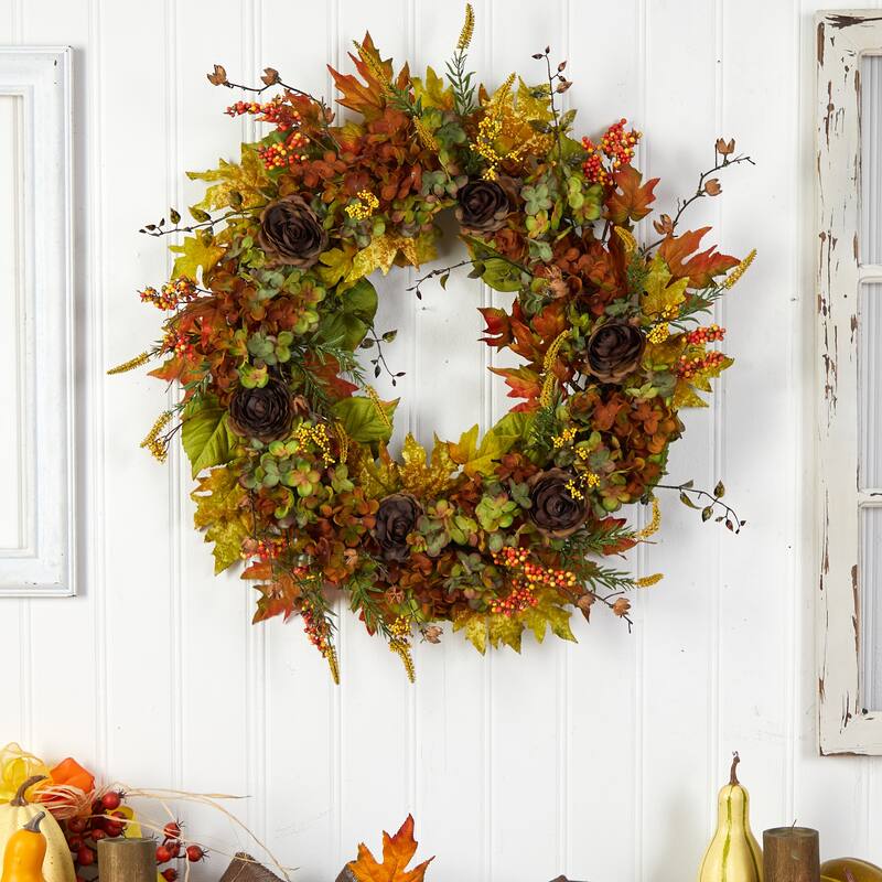 32" Fall Hydrangea, Ranunculus and Maple Leaf Autumn Artificial Wreath - 32