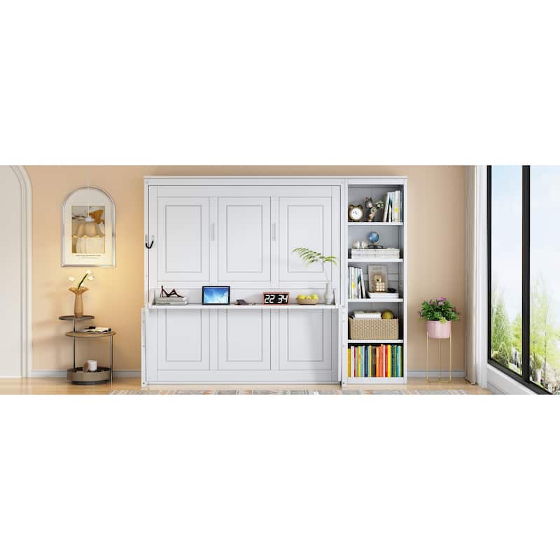 Space-Saving Queen Murphy Bed with Built-In Desk and Bookshelf in White