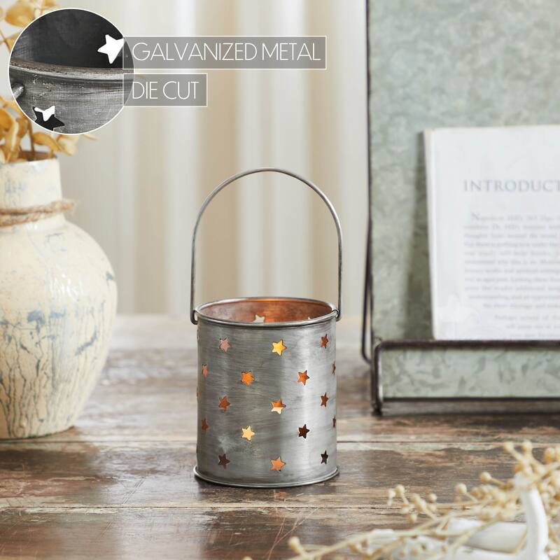 Votive Candle Holder w/ Punched Stars Black Zinc Iron 3.75x3.25x3.25