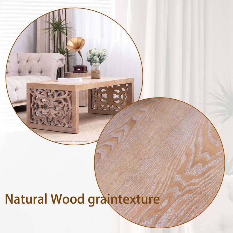 47.2" Carved Wood Coffee Table - Handcrafted Look with Ornate Side Panels