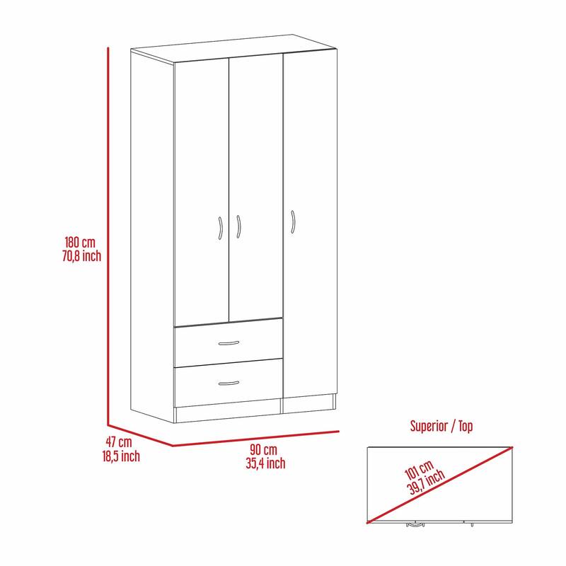 35.4" Modern Three-door Armoire with Drawers, Shelves and Hanging Rod for Bedroom