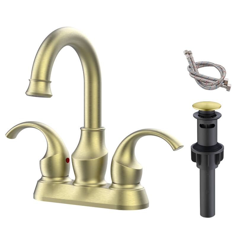 Bathroom Faucet 2-Handle Brushed，360 Degree Rotating Spout,4-inch Centerset Vanity Sink with Pop-Up Drain and Supply Hoses - Brushed Gold