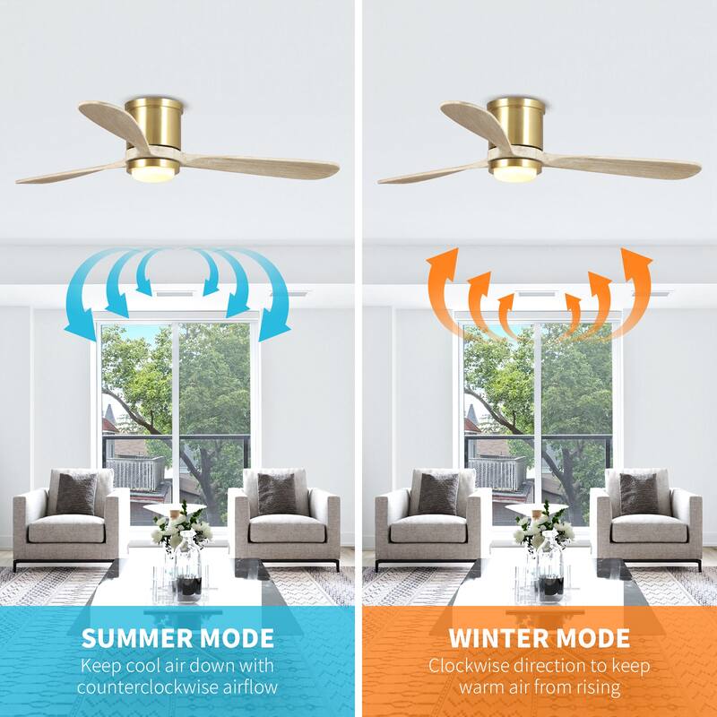 52" Wood 3-Blade Low Profile/ Flush Mount Ceiling Fan with Light and Remote