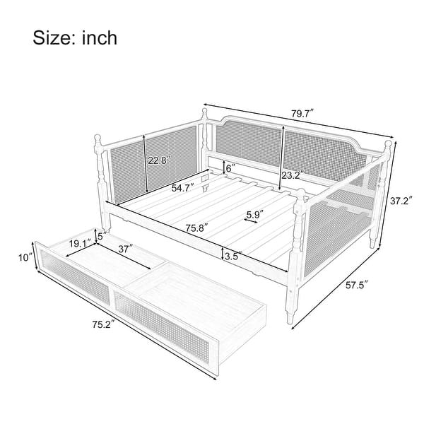 dimension image slide 0 of 3, Wooden Rattan Daybed with 2 Drawers or Trundle