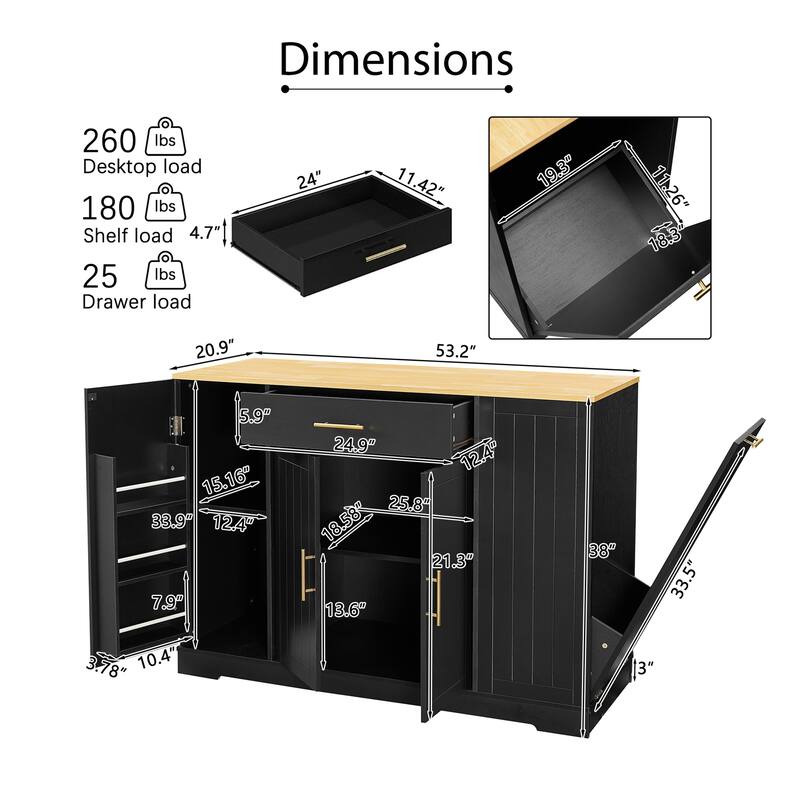 Kitchen Storage Islands with Drawers and Trash Can Storage