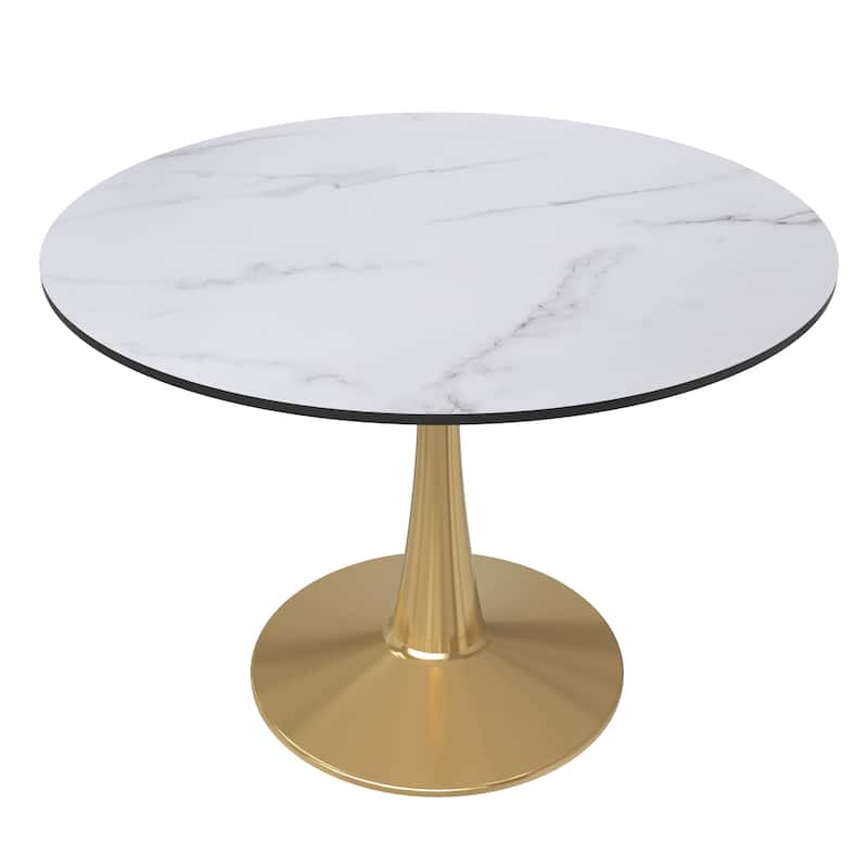 LeisureMod Bristol 40" Round Dining Table for 4 with MDF Tabletop in Gold Steel Base for Kitchen & Dining Room - Marbled White