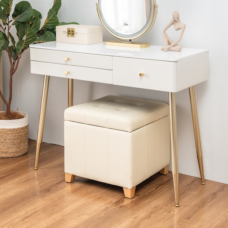 Adeco Upholstered Tufted Faux Leather Storage Ottoman