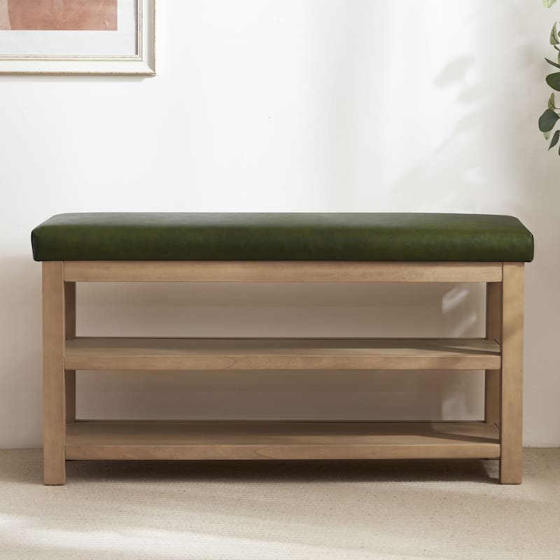 HUIMO Multi-Functional Solid Wood Bench with Storage Shelves 46in/39in/31in - 46 in - PU-GREEN