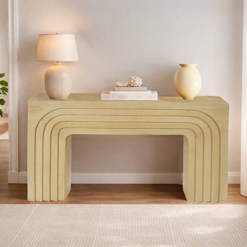 Kesna Console Sofa Table, 53 Inch Sculpted Arch, Light Beige Mango Wood
