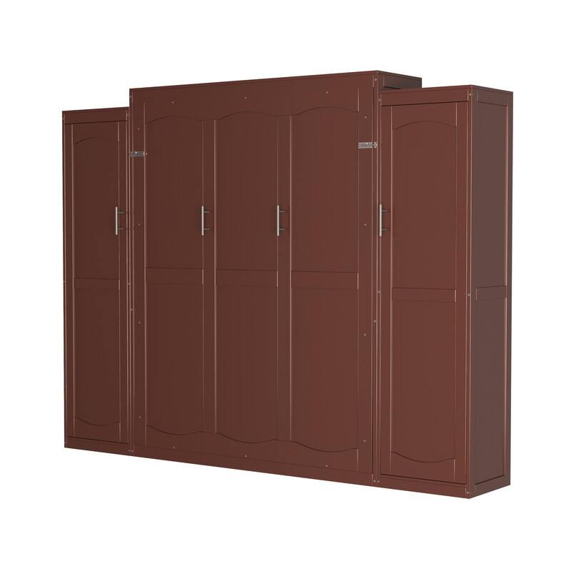 Wooden Murphy Bed Wall Bed with 2 Bulit-in Wardrobes, Full/Queen Size Foldable Murphy Cabinet Bed with Storage Shelves