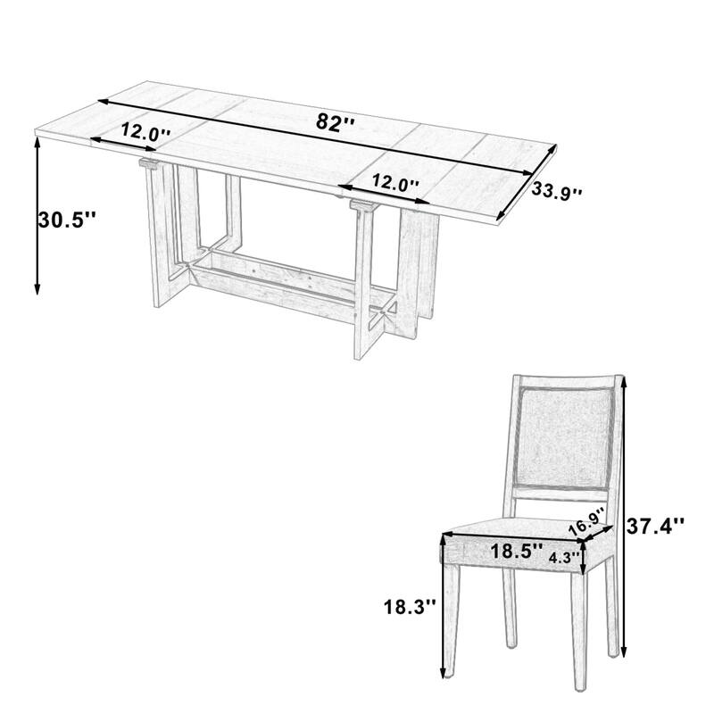 Roomfitters 7-Piece Rustic Extendable Trestle Dining Table Set with 6 Upholstered Chairs, Rubber Wood
