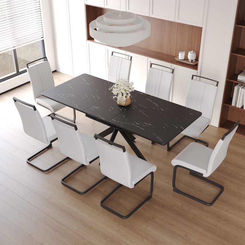Modern Dining Set with Rectangular Extendable Table & High Back C-shaped Tube Armless Chairs
