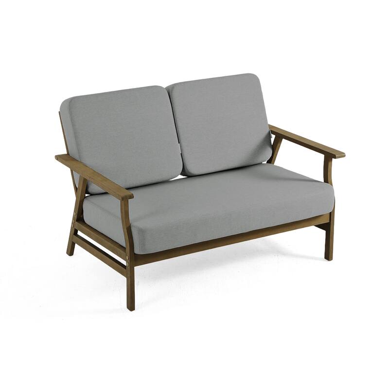 Modern Wood Cushioned Outdoor Patio Sofa Loveseat with Coffee Table