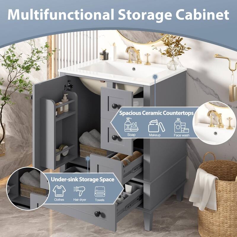 24" Bathroom Vanity with Ceramic Sink, Soft-Close Drawers, Soft-Close Door & Door-Mounted Shelf