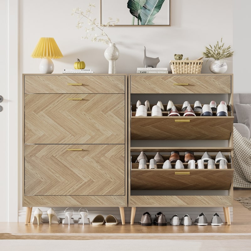 Anmytek 16 Pairs Wood Shoe Storage Cabinet Narrow Shoes Organizer Cabinet with 2 Flip Drawers for Entryway