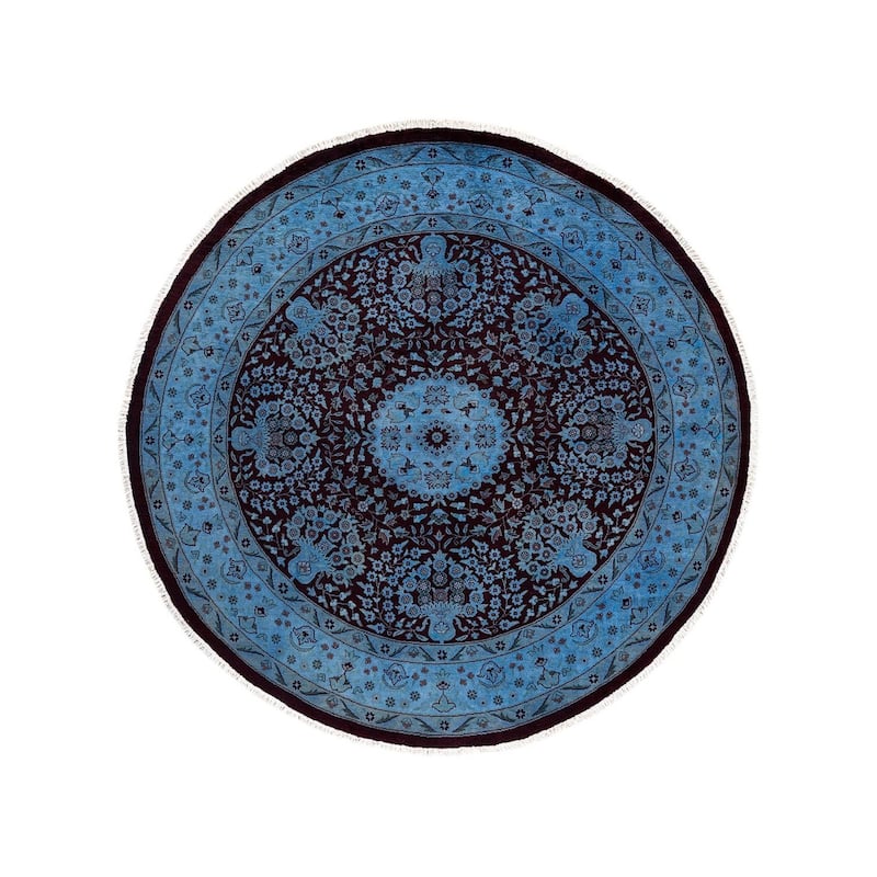 Overton Hand Knotted Wool Vintage Inspired Modern Contemporary Overdyed Blue Round Area Rug - 6' 1" x 6' 1"