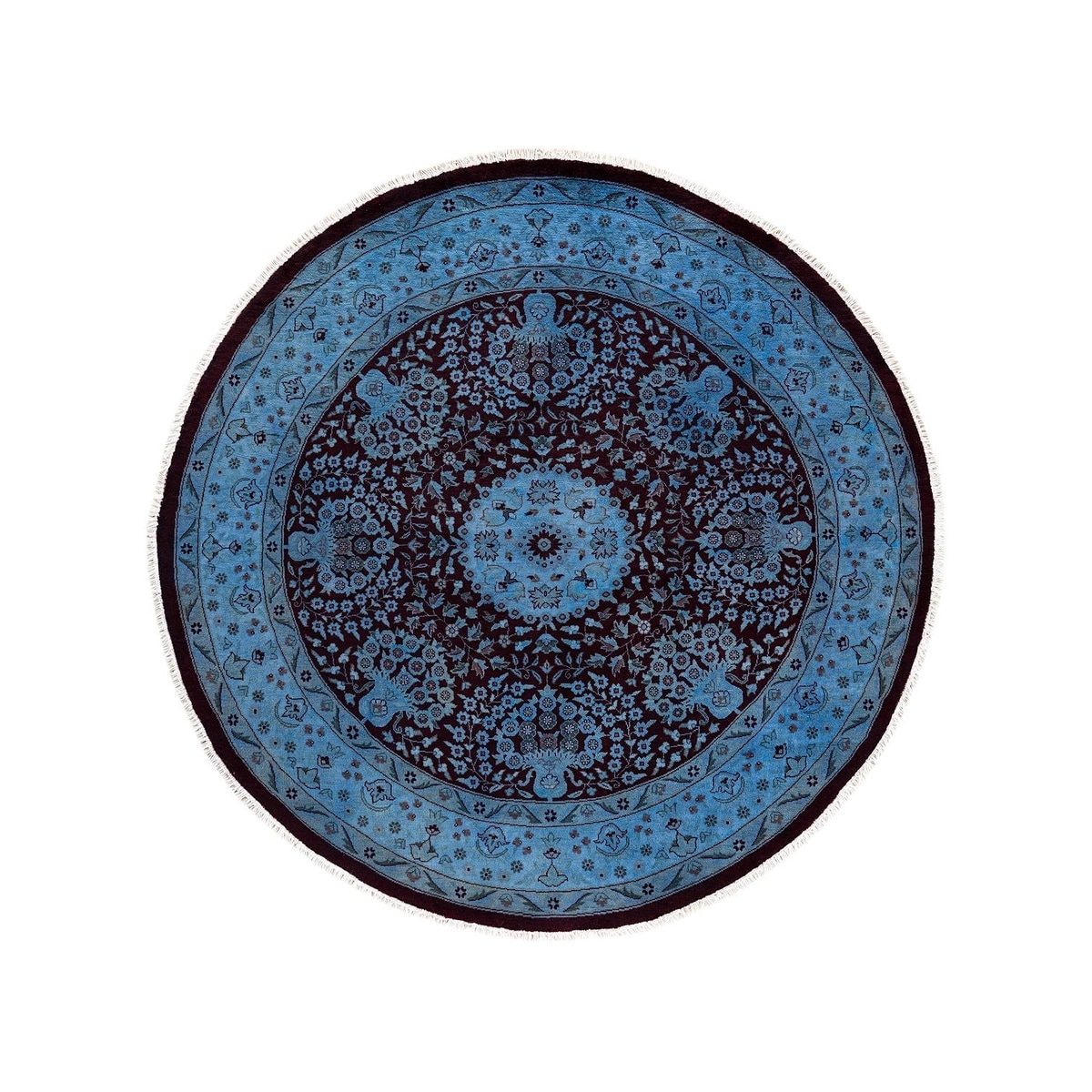 Overton Hand Knotted Wool Vintage Inspired Modern Contemporary Overdyed Blue Round Area Rug - 6' 1" x 6' 1"