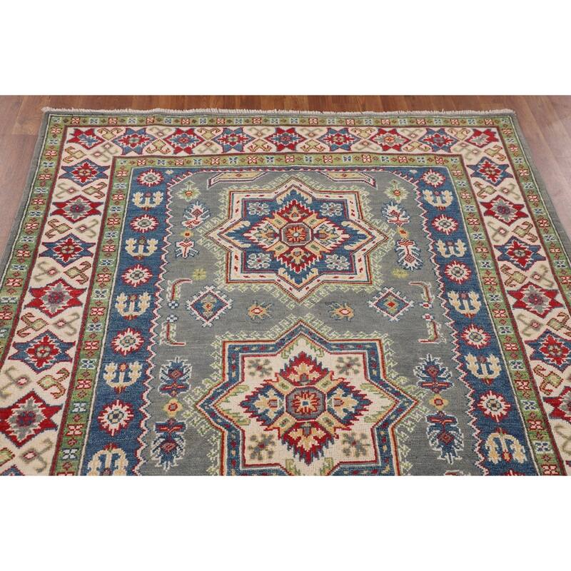 Geometric Kazak Rug Hand-Knotted Grey Wool Carpet - 4'11" x 6'9"