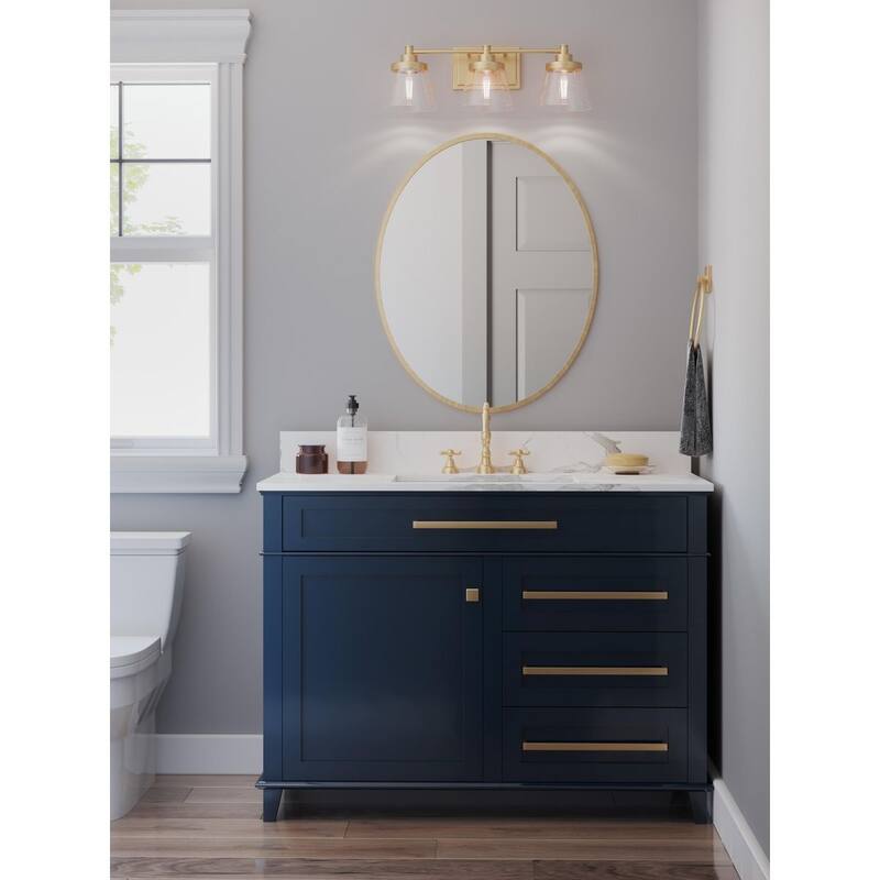 Hinton Collection Three-Light Vintage Brass Clear Seeded Glass Farmhouse Bath Vanity Light - 24.5 in x 7.12 in x 7.75 in