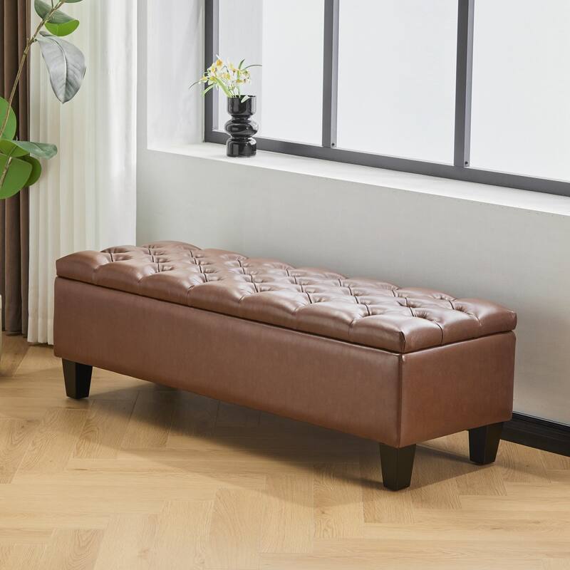 Ottoman Bench with Storage, Rubber Wood Legs, 300 lbs Capacity