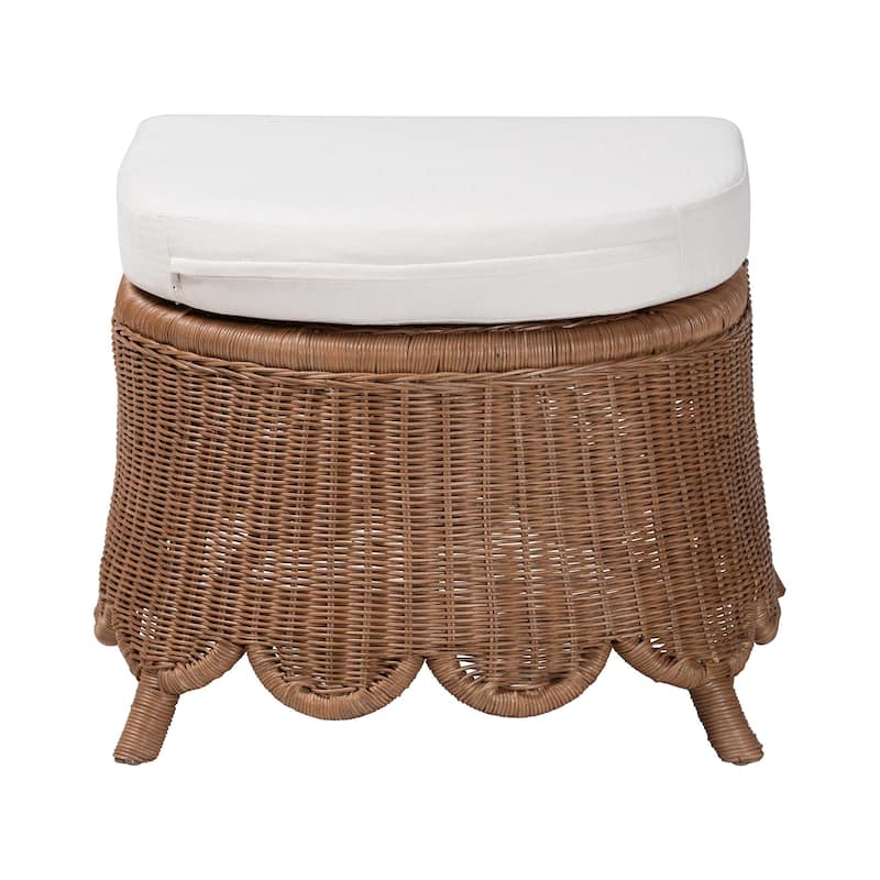 Detta Natural Rattan Footstool with Cushion - Handwoven Wicker Ottoman with Scalloped Skirt Base for Coastal Seating