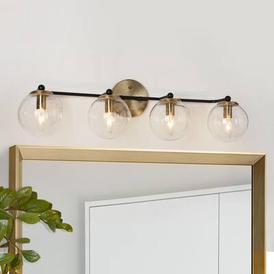 Modern 4-Light Black Gold Bathroom Vanity Lights with Globe Glass Shades