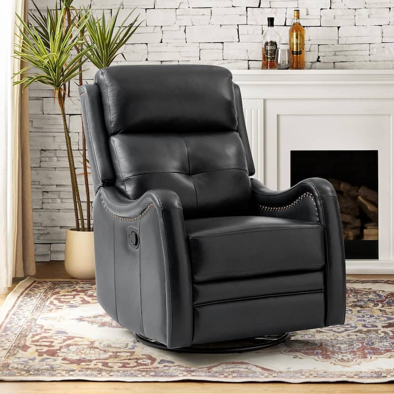 Franco Modern Genuine Leather Swivel Rocker Recliner with Nailhead Trims by HULALA HOME - Black