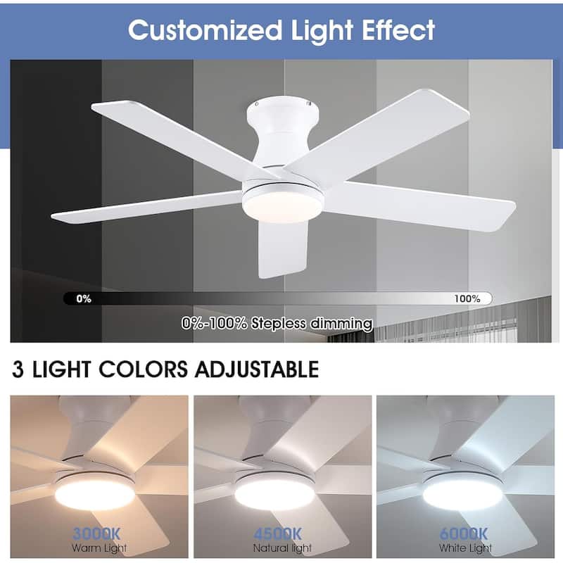 46"/52" Inches Flush Mount Modern Quiet Ceiling Fan with Light and Remote,5 Blades,for Living room,Bedroom