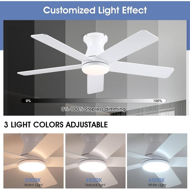 52 Inches Flush Mount Modern Quiet Ceiling Fan with Light and Remote APP Control 5 Dual Side Blades for Living Room Bedroom