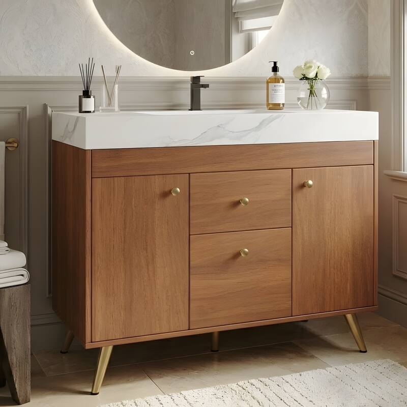 36" Modern Freestanding Bathroom Vanity with Sintered Stone Top, Ceramic Sink & Smart Storage