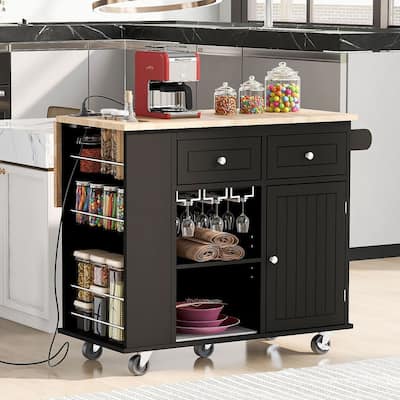 Kitchen Island Cart with Wheels ,Power Outlet, Drop Leaf, Wine Rack