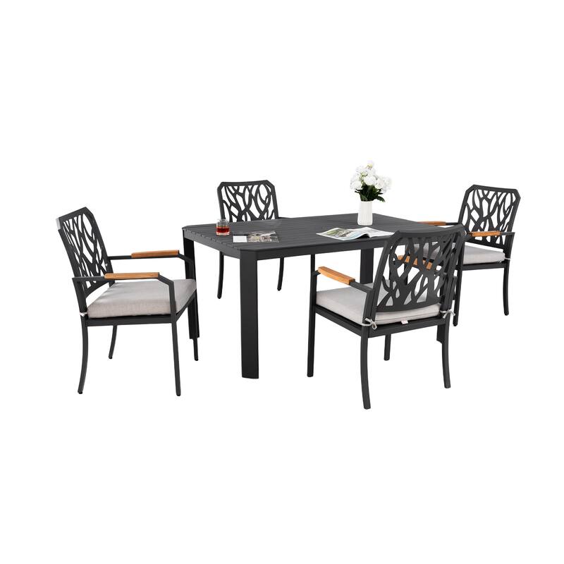 5-Piece Outdoor Aluminum Dining Set with Rectangular Table & 4 Chairs - Branch Backrest, Sunbrella Cushions, Bourbon Brown