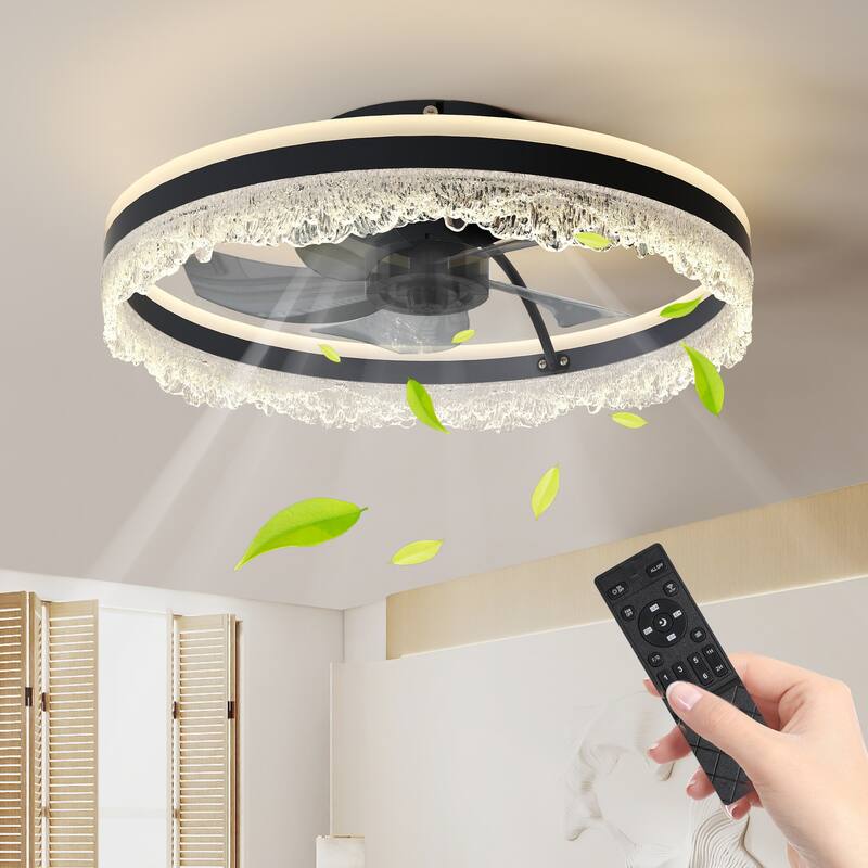 20" Smart Silent Ceiling Fan with Light - Crystal Flush Mount LED Fan Lamp with Hidden Blades and Natural Airflow System - Black