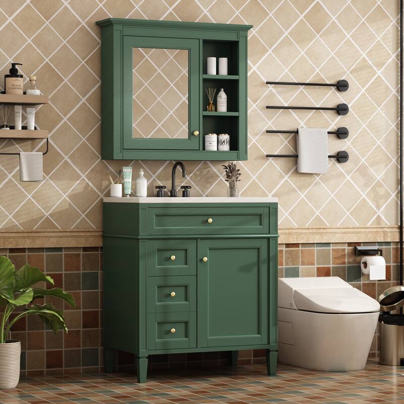 GDFStudio - Ravensden Modern Freestanding Bathroom Vanity Set with Ceramic Sink and Mirror Cabinet with a Tip-out Drawer - 30'W - Green