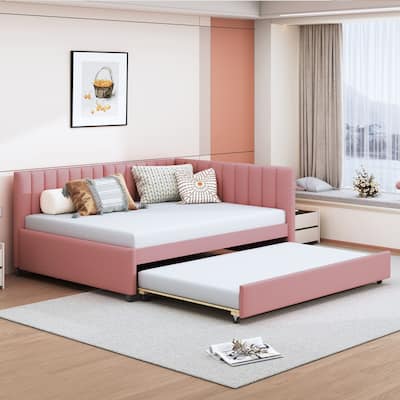 Pink Full Size Upholstered Daybed with Two Storage Drawers