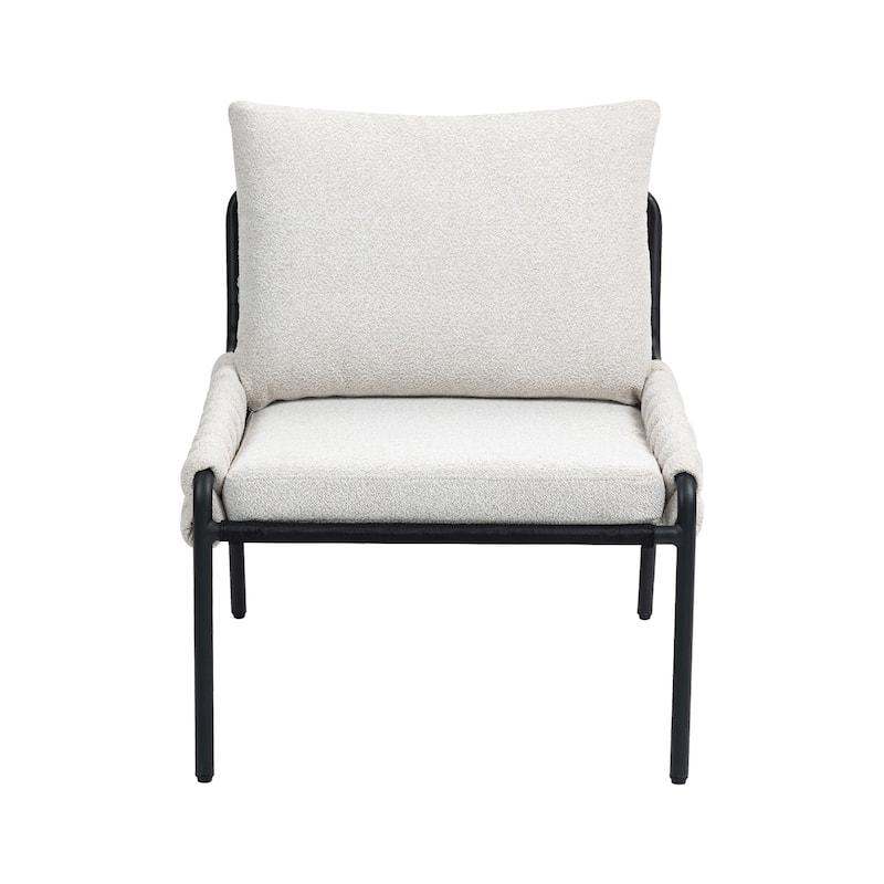 Beige Fabric Metal Lounge Chair with Cushioned Seat and Braided Arms - 26.77" D x 25.20" W x 33.07" H