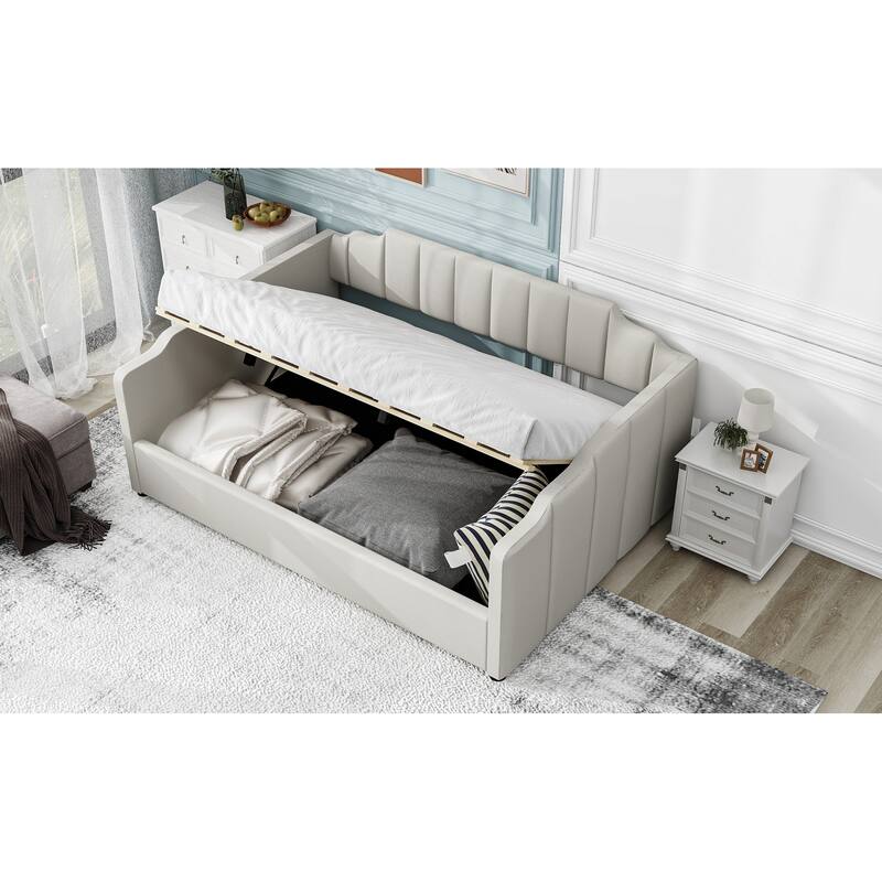 Full Size Upholstered Daybed with Underneath Storage in Beige