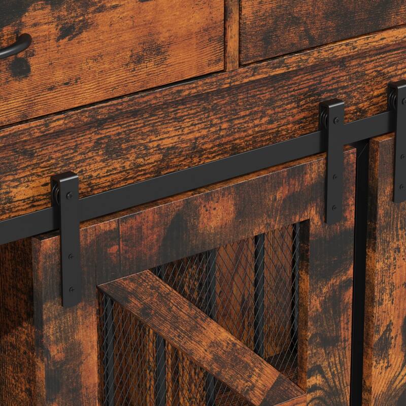 Double Dog Crate Furniture w/Drawers for Small Dogs, Rustic Farmhouse Dog Kennel End Table, Sliding Barn Doors - 47.2"W