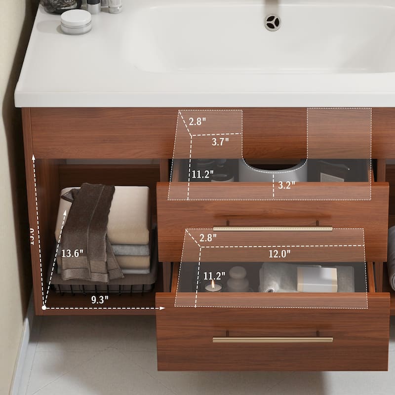 35.4" Mid-Century Modern Bathroom Vanity with Integrated Ceramic Sink and Storage Drawers